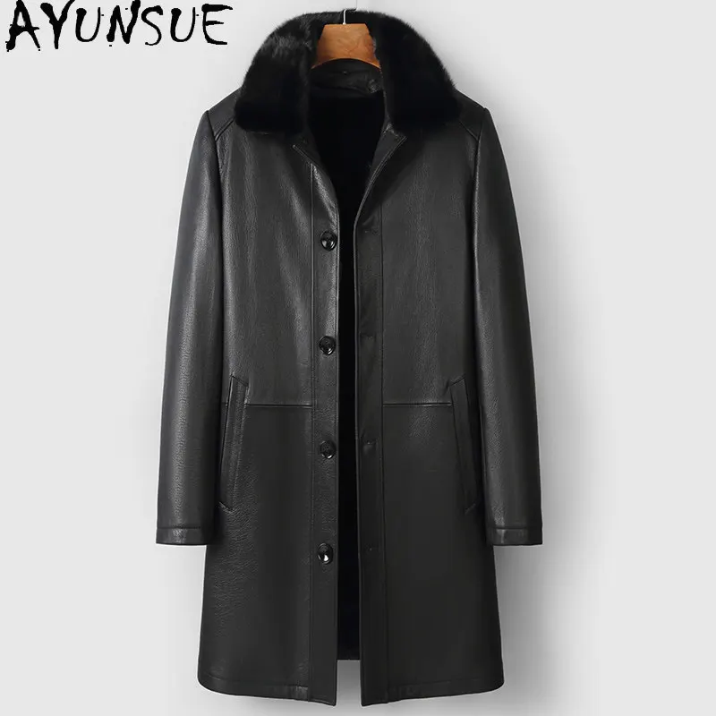 

AYUNSUE Real Fur Coat Man Winter 2026 Genuine Goatskin Leather Jacket Men Fashion Warm Long Fur Coats Detachable Mink Fur Liner