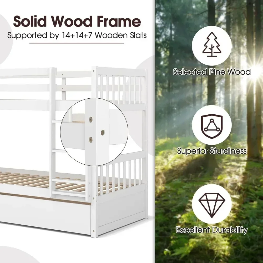 Tempat tidur susun kembar atas dengan Trundle, rangka tempat tidur Platform konvertibel dengan tangga & rangka kayu Solid, tidak perlu kotak pegas, putih