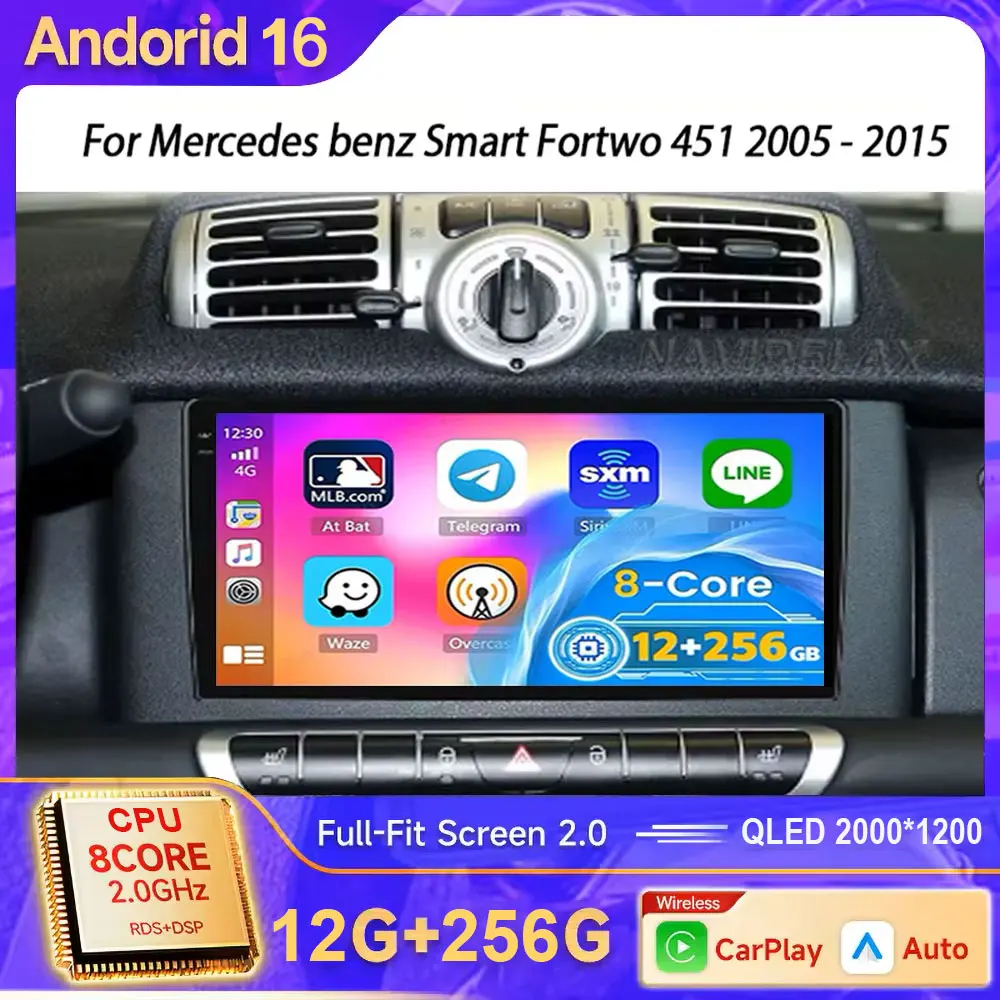 Android 16 Auto Radio Wireless CarPlay for Mercedes Benz Smart Fortwo 451 2005 - 2010 Car Player GPS 2 din autoradio