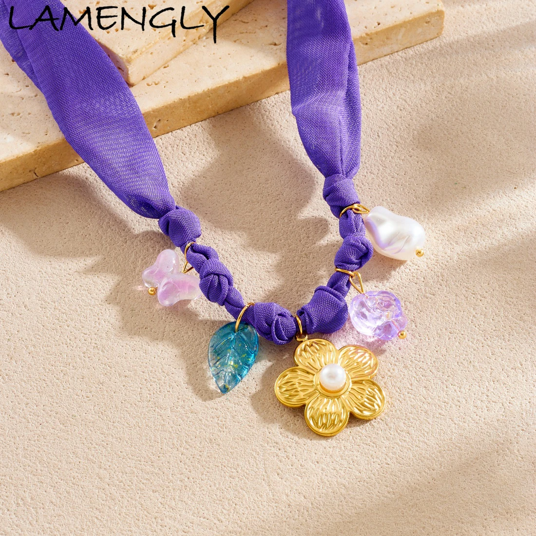 

LAMENGLY 316L Stainless Steel Purple Ribbon Chain Pearl Inlay Flower Leaf Butterfly Charm Necklace Women Fresh Trend Neck Chain