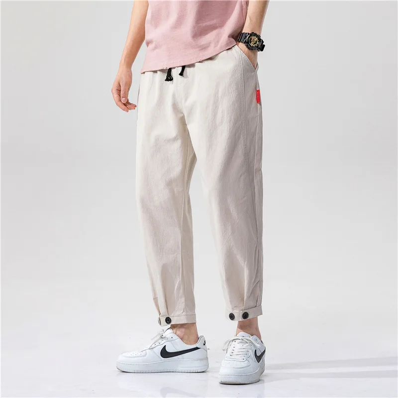 

Mens Loose Fit Cotton Linen Cropped Trousers Trendy Straight Leg Casual Pants Summer Comfort