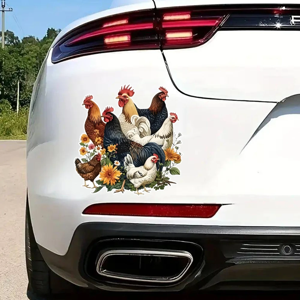 

12.5x13cm Vivid Chicken and Flower Decorative Sticker - Self-Adhesive Vinyl Decal for Cars, Laptops, Walls, Animal ThemeDesign