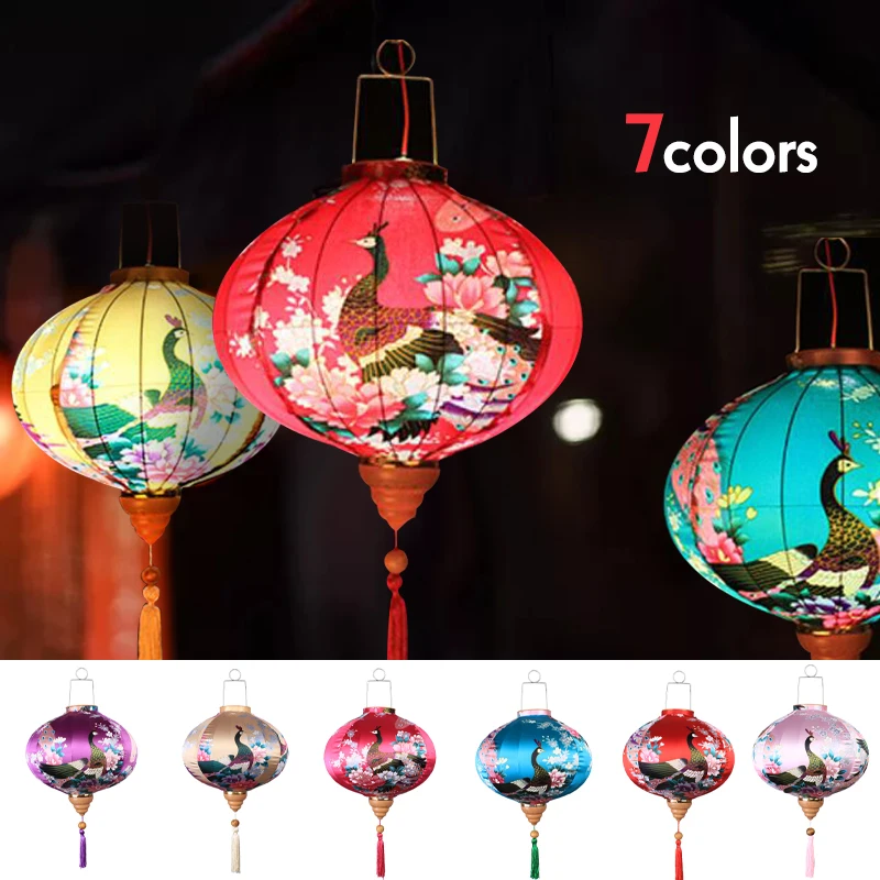 12/14 Inch Retro Silk Lanterns Vietnam Japan Chinese Traditional Lantern Peacock Pattern Lantern New Year Spring Festival Decor