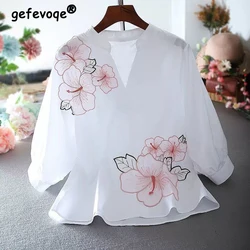 Summer Fashion Embroidery 3/4 Sleeve Loose Casual Blouse Ladies V-neck Simple All-match Pullover Top Women Comfortable Shirts