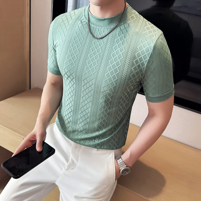 

Summer Men's Half High Collar Short Sleeved T-shirt Fashion Versatile Slim Fit Base Shirt Casual Business Tee Tops Men Clothing