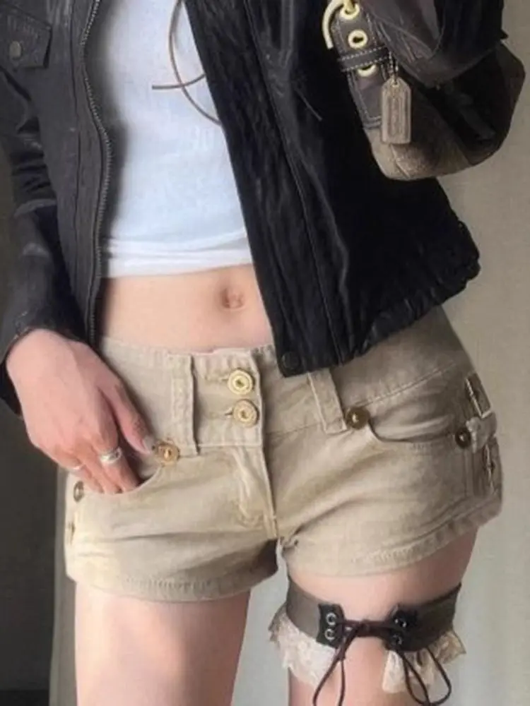 Pantaloncini di jeans da donna con bottino kaki Pantaloncini di jeans a vita bassa Pantaloncini da cowboy sexy per club DJ Party Nightclub anni 2000 Y2k Gyaru Hot Pants Shorts