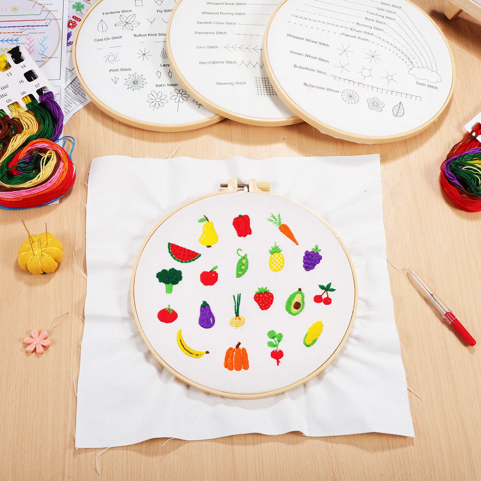 Embroidery Guide Book - 初心者向け刺繍キット1セット。6色の刺繍糸、綿生地、刺繍枠、針、ガイドブックがすべて揃った、手軽に始められるスターターパック。創造性を刺激します。