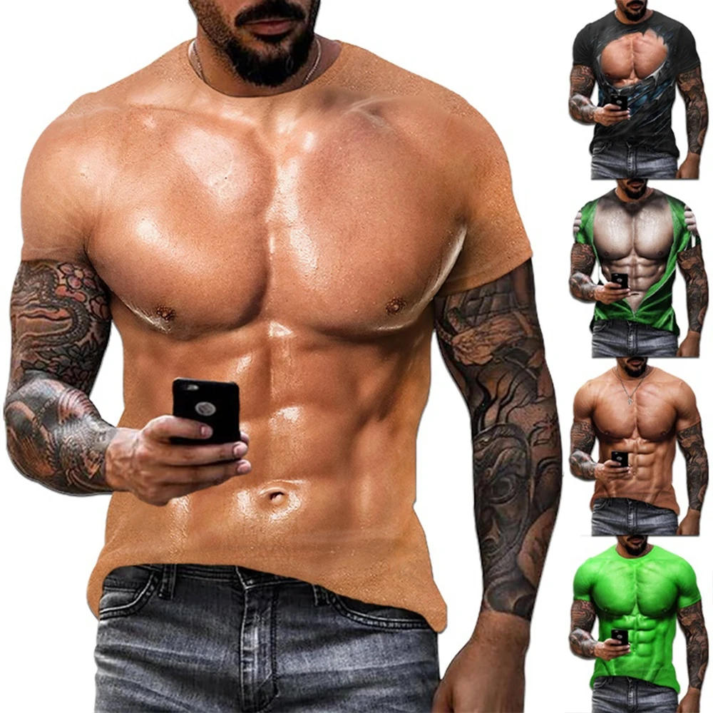 Men's fashion trend 3D printing fake muscle print summer street casual personality cool and fun street short sleeved T-shirt