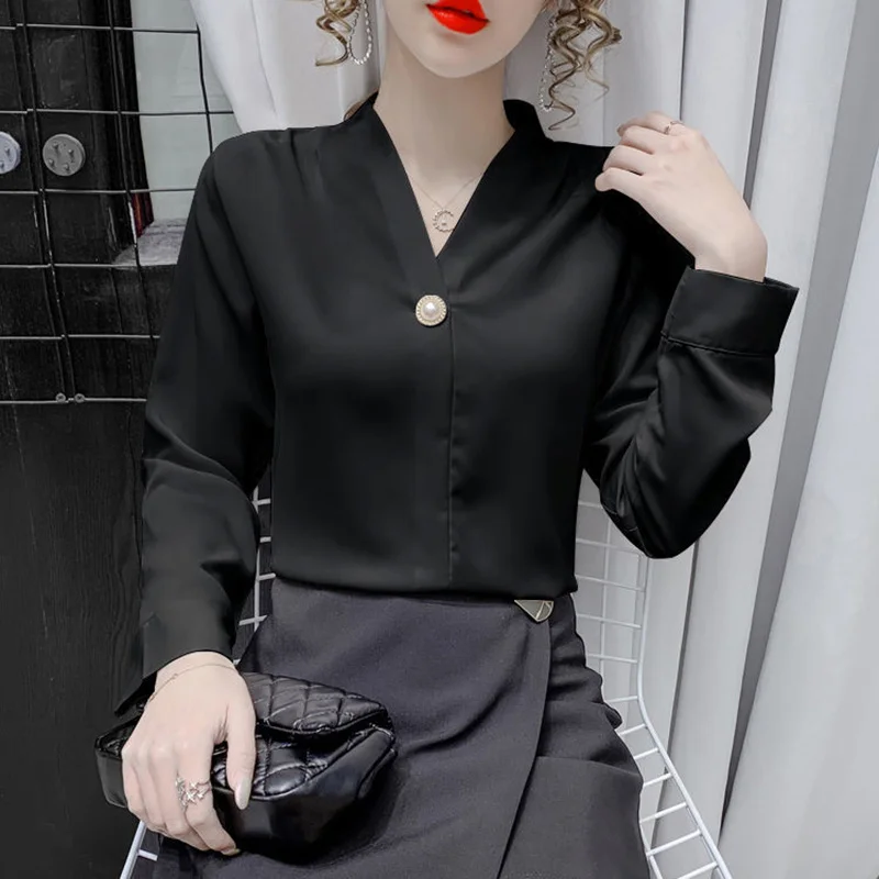 Fashion V-Neck Button Solid Color Blouses Women\'s Clothing 2023 Autumn Winter Korean Tops Office Lady Shirts