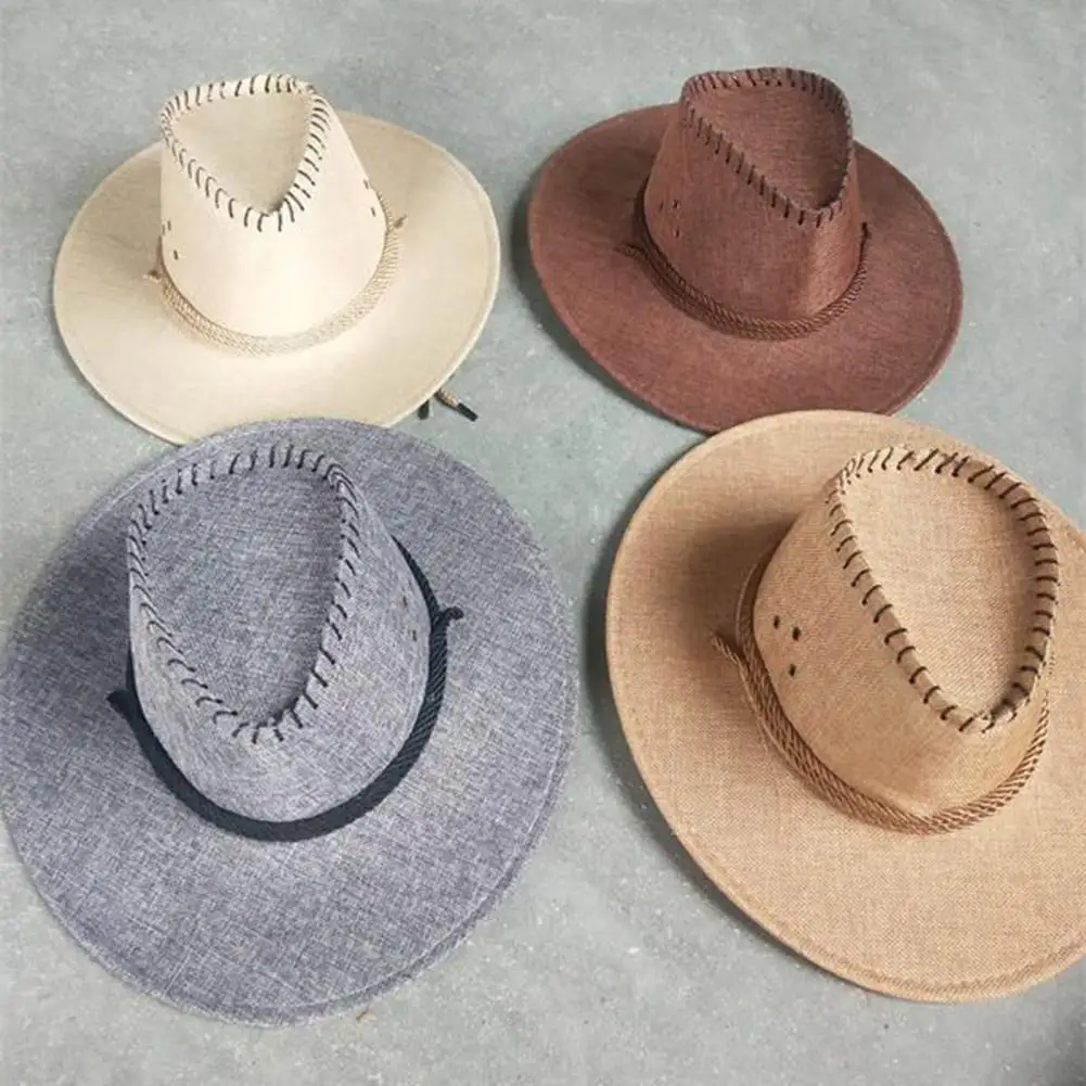 Western Cowboy Hat with Windbreak Rope for Men, Wide Brim Linen Sun Hat for Outdoor Travel, Breathable Fedora Hats for Party 3