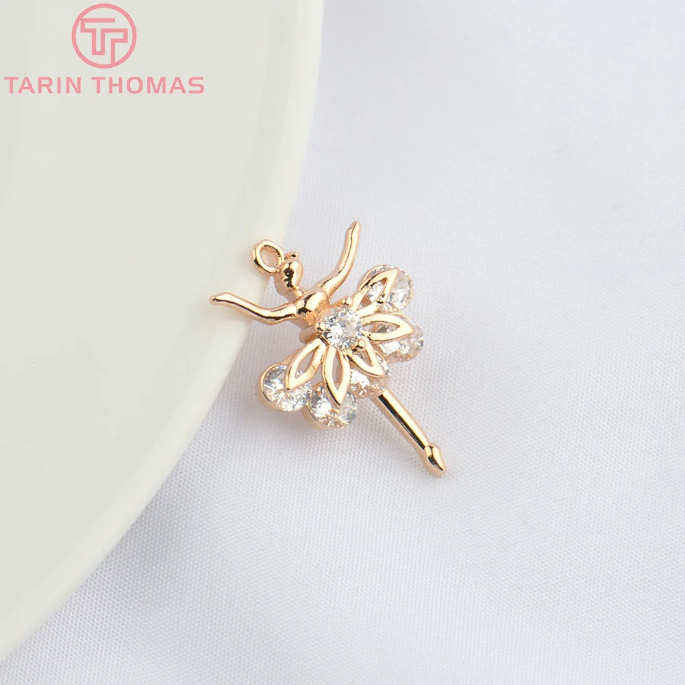 (4858) 10PCS 14.5x21MM 24K Champagne Gold Color Brass with Zircon Ballet Girl Pendants High Quality Jewelry Making Findings