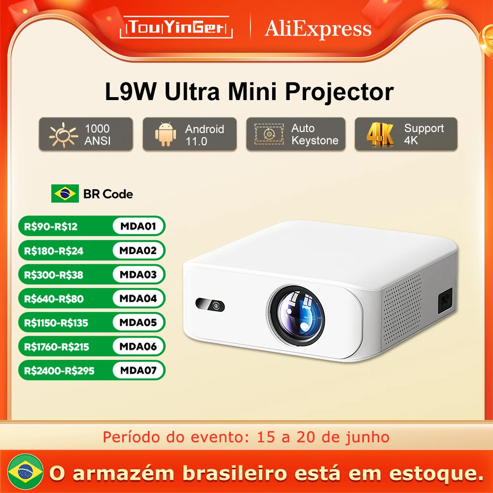 Touyinger l9w ultra android projetor 4k mini projetores full hd cinema vídeo projetor led tela de cinema em casa bluetooth
