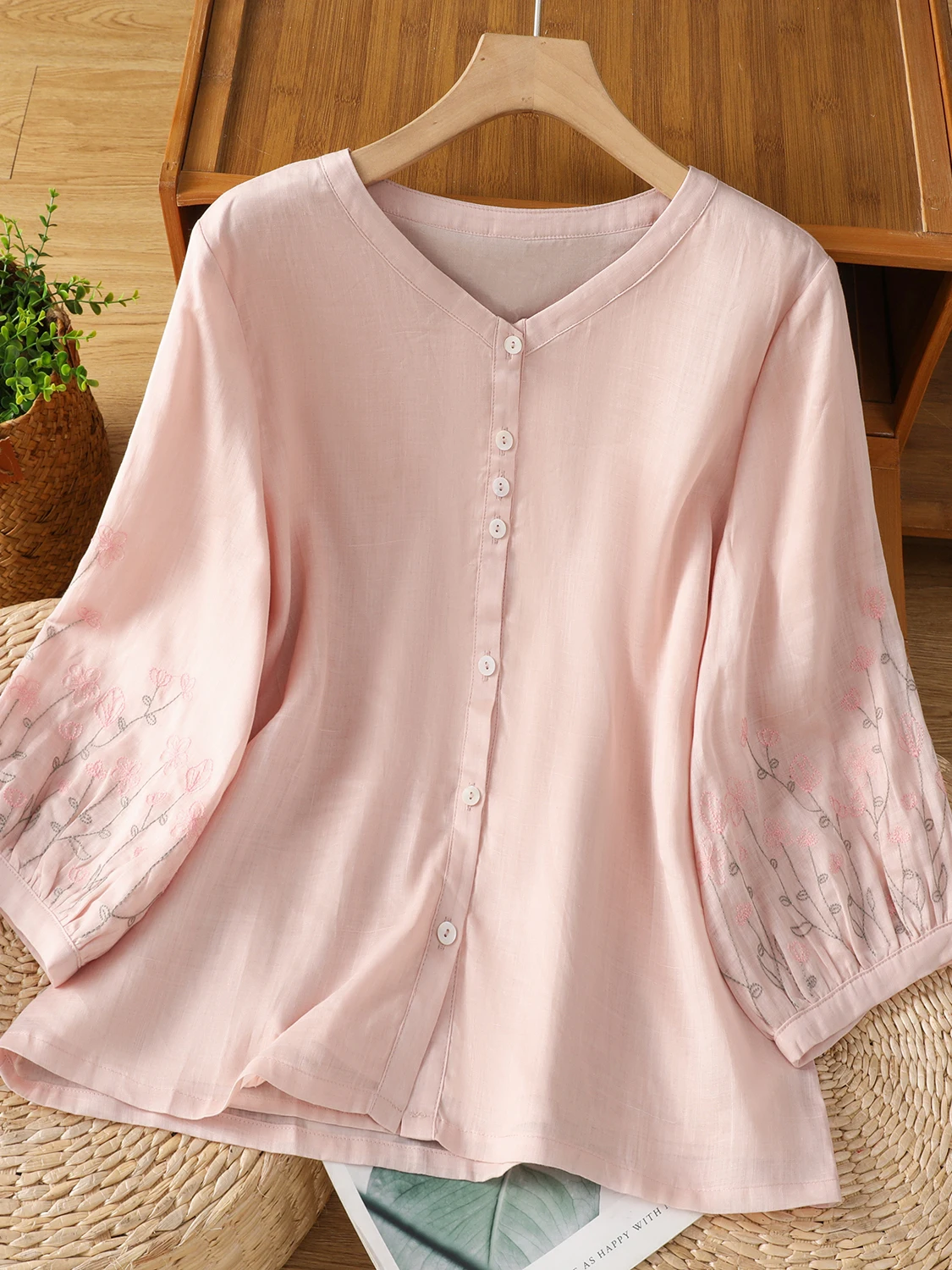 

Artistic Summer Cotton Linen Embroidered V-neck Lantern Sleeve Loose Fit Versatile Top for plus Size Women Casual Wear