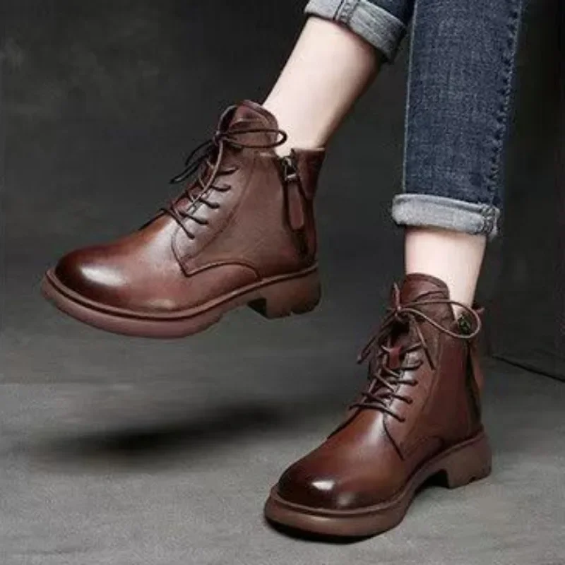 

Versatile trendy women's boots for autumn and winter 2024, round toe tie up, medium thick heel, side zipper, women's short boots