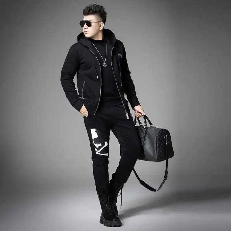 Mens Two Piece Sets Fashion Streetwear Casual Hooded Cardigan Suits Skull Printed Black Tracksuit Men Clothes Ropa De Hombre