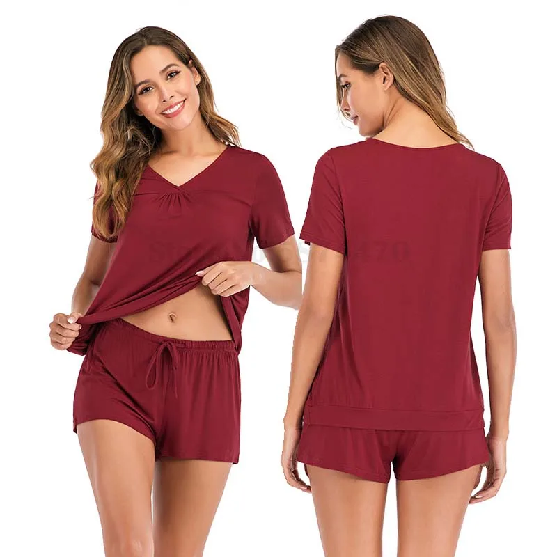 Women's Pajama Set Simple Sexy Short Sleeved Top Shorts Two-Piece Suit Modal Sleepwear Casual Loose Solid Color Home Clothes