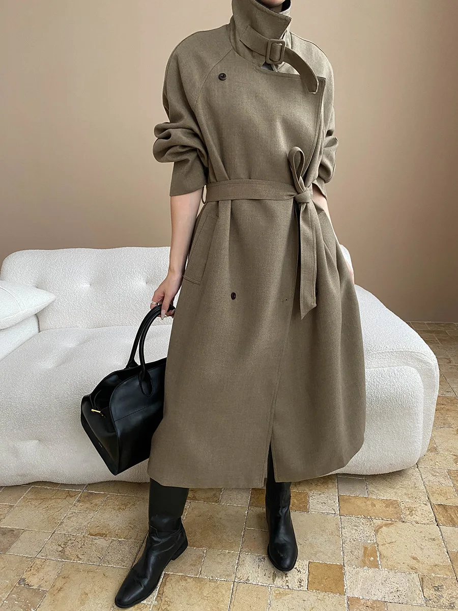 

Зимняя женская повседневная однотонная ретро британская стильная контрастная галстук с лацканами, свободная утягивающая длинная ветровка