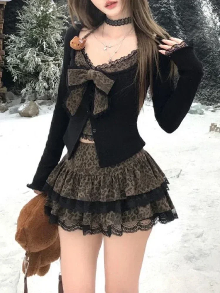 

Autumn Winter Sexy Leopard Print Skirt Suit Women Fake Two Piece Tops + Lace Cake Skirt Set Japanese Y2k Bow Sets 2000s Clothing