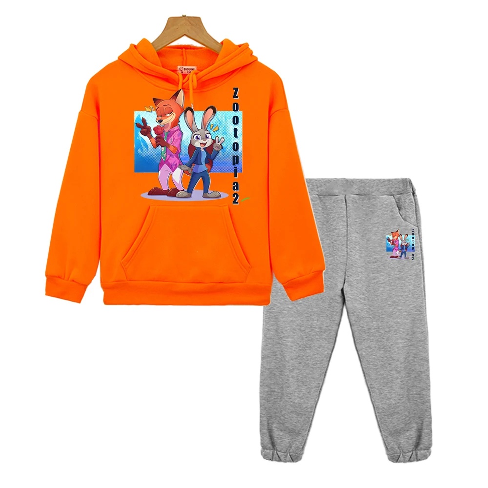 Zootopia 2 boy girls Hooded Sports Sets hoodies Fleece Sweatshirt y2k sudadera Disney Casual pullover+Pant kids boutique clothes