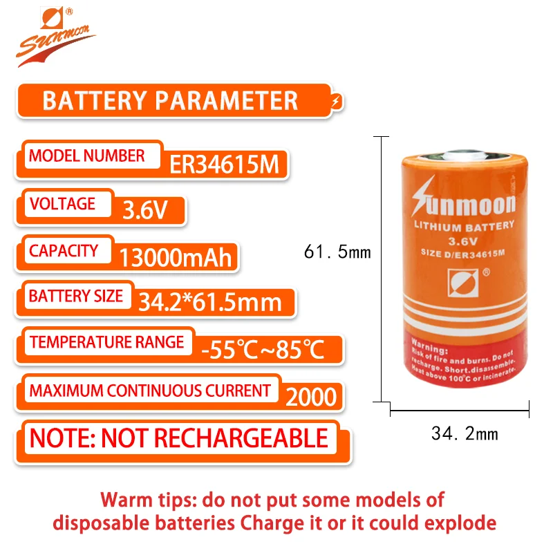 Sunmoon ER34615M D Add 2.54 Plug 3.6V Disposable Lithium Battery Natural Gas Meter Flowmeter IoT Non-rechargeable