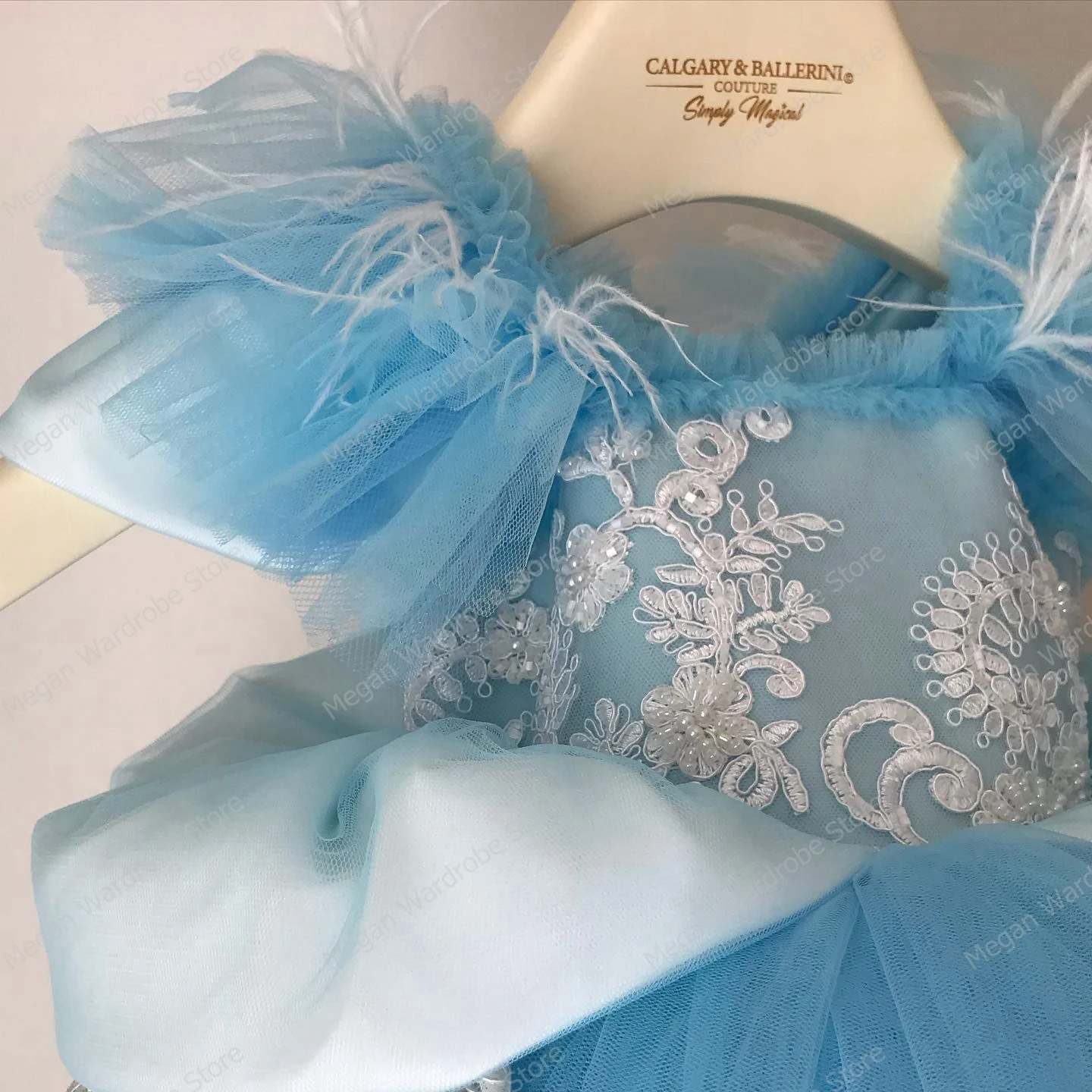 Cutte Sky Blue Little Girls Tulle Dress A Line Lace Appliques Kids Dresses With Beads Sequins Kids Party Dresses Custom Made