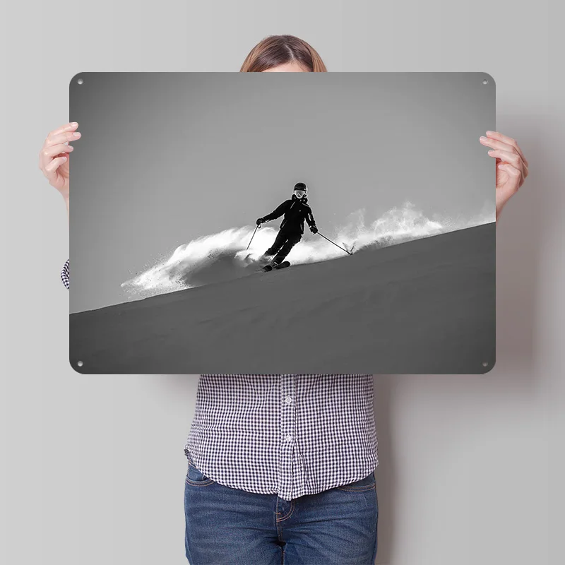 Skier in Powder Poster Retro 3D Printed Metal Signs Customized Wall Hanging Gift for Decor Living Room Decoration Man Wand Deko