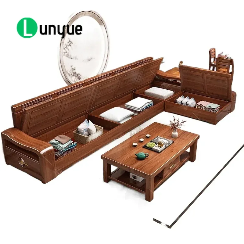 Golden Silk Walnut Solid Wood Sofa New Chinese Style Living Room Apartment Storage Dual Purpose Winter Summer Furniture