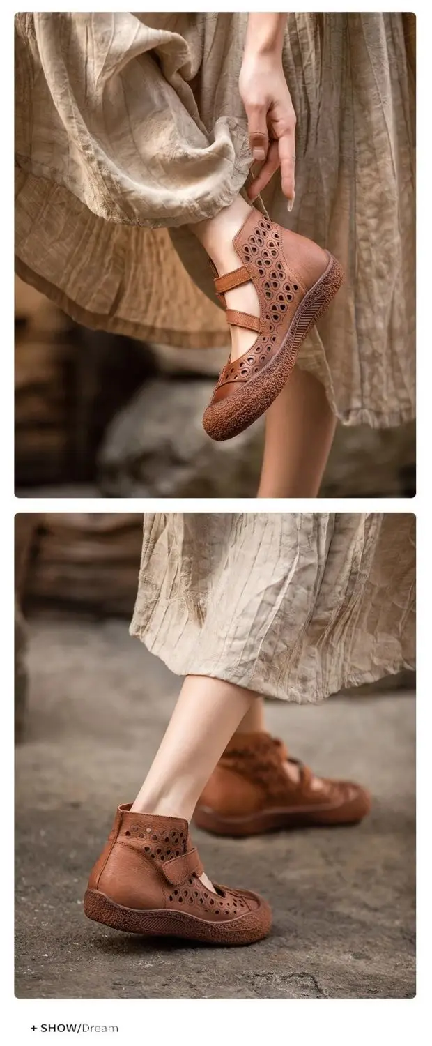 Sommerliche, atmungsaktive Stiefeletten aus echtem Leder, Sandalen für Damen, hohl geschnittene Schnürstiefeletten, handgefertigte flache Freizeitstiefel-Sandalen für Damen – Detail 8