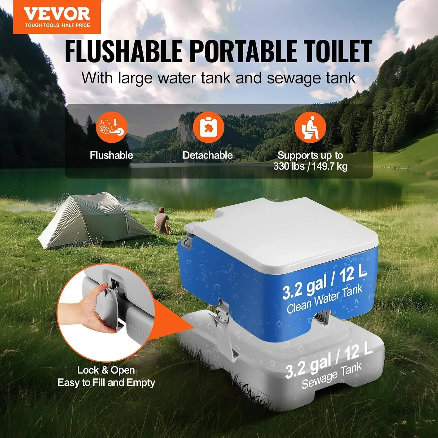 Portable Toilet for Camping, Porta Potty with 3.2 Gal Waste Tank & 3.2 Gal Flush Tank, Push-Button Pressurized Flush Commode wit