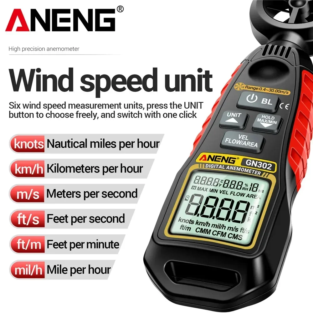 ANENG GN302 Handheld Anemometer 9999 Count Digital 0.4~30.00m/s Wind Speed Meter -20.0C~60.0C Temperature Tester Anemometro