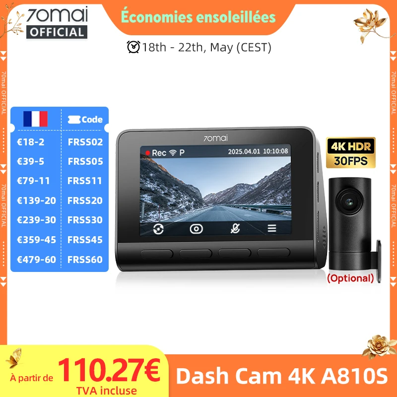 Caméra embarquée 70mai Dash Cam 4K A810S HDR IMX678 Supercapacitor 4G LTE avec télécommande Wi-Fi 6, commande vocale, GPS, ADAS, caméra de voiture 70mai A810S