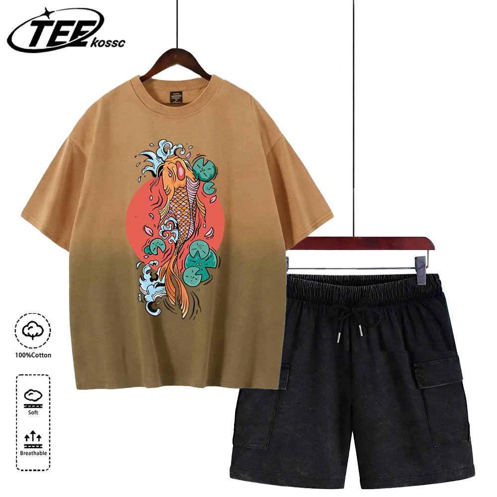 

Футболка в стиле Харадзюку с принтом «Кой» (Токио, Япония), ретро, мужская, модная, хлопковая, с круглым вырезом, комплект, повседневная, тай-дай, унисекс, свободная футболка и шорты