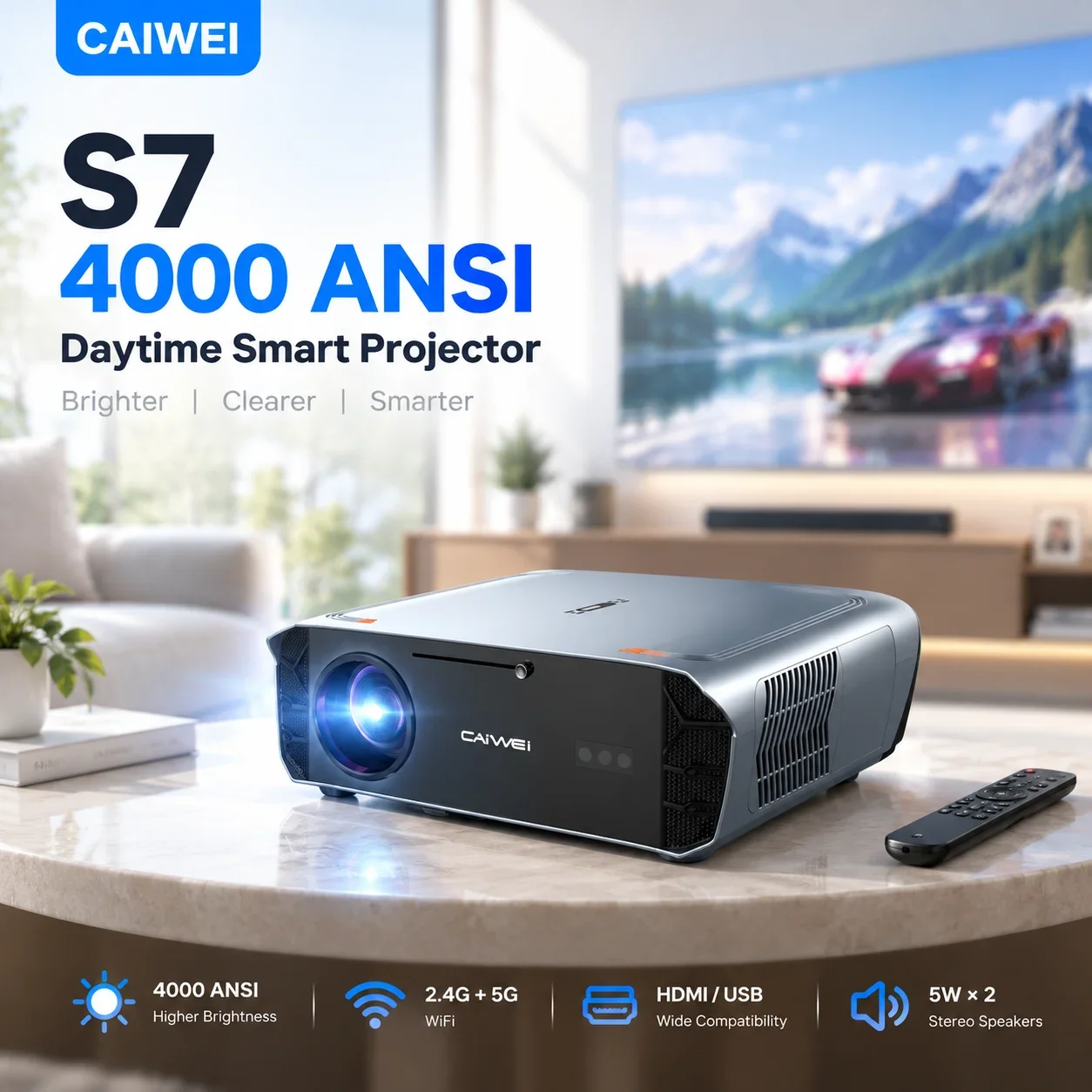 4000ANSI 4K S7 Daytime Projector Ultra HDMI USB Google TV 2.4+5G Wifi Auto Focus Beamer Smart Video Movie Home Theater Projector