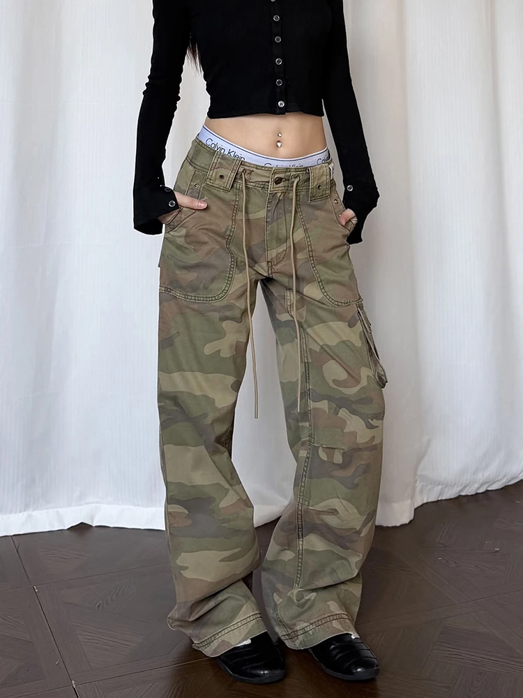 ReddaChic Do Old Camouflage Pants for Women Skater Straight Drawstring Low Waist Relaxed Fit Pockets Joggers Retro Streetwear