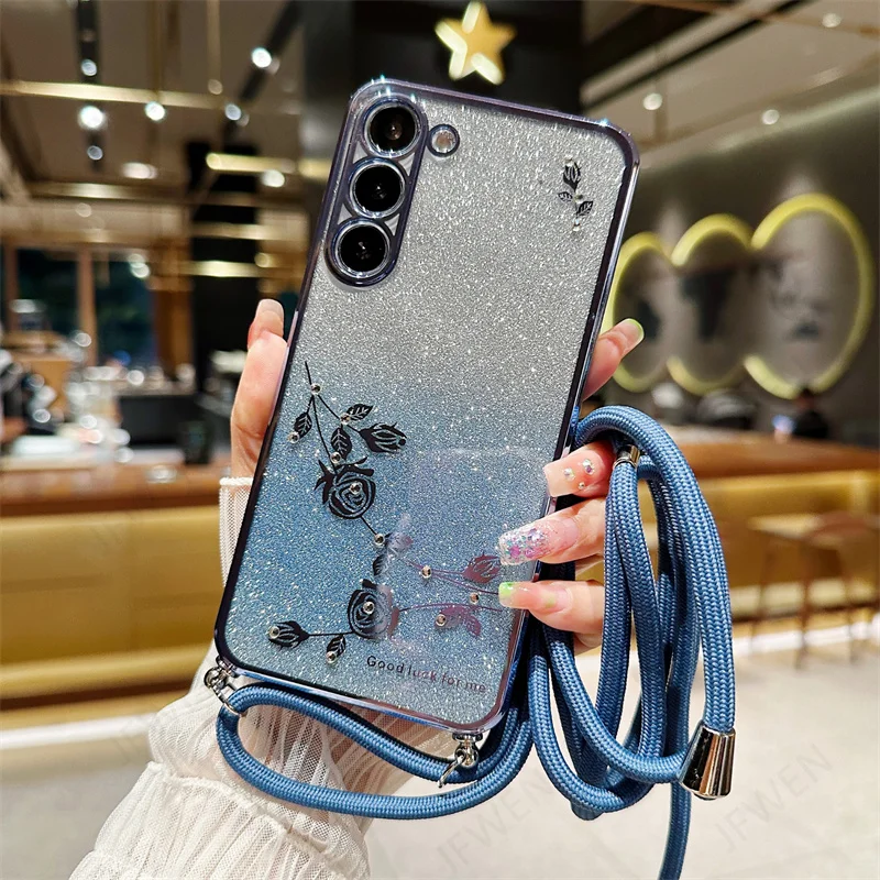 Custodia per cordino a tracolla per Xiaomi Redmi Note 12 Pro Plus Turbo 12C Mi 12 Lite 12S Ultra 12T Pro 12X Cover morbida per fiori glitterati