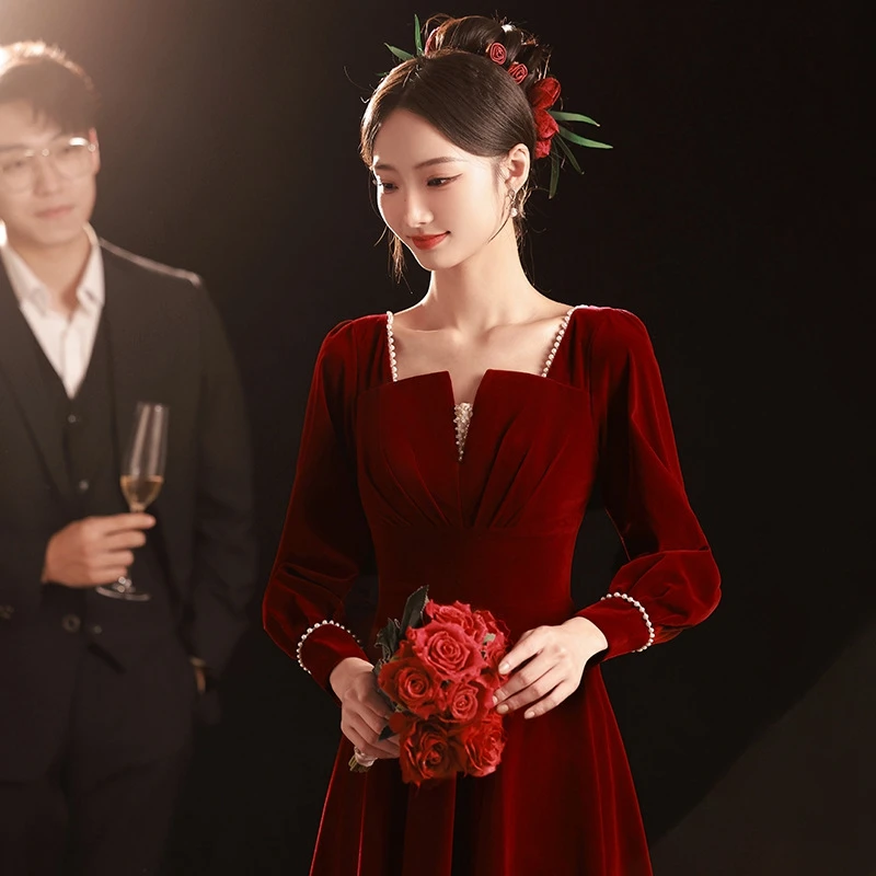 

Toast Dress Bride 2023 New Winter Long Sleeve Burgundy Velvet Dress Women's Autumn Long Engagement Dress