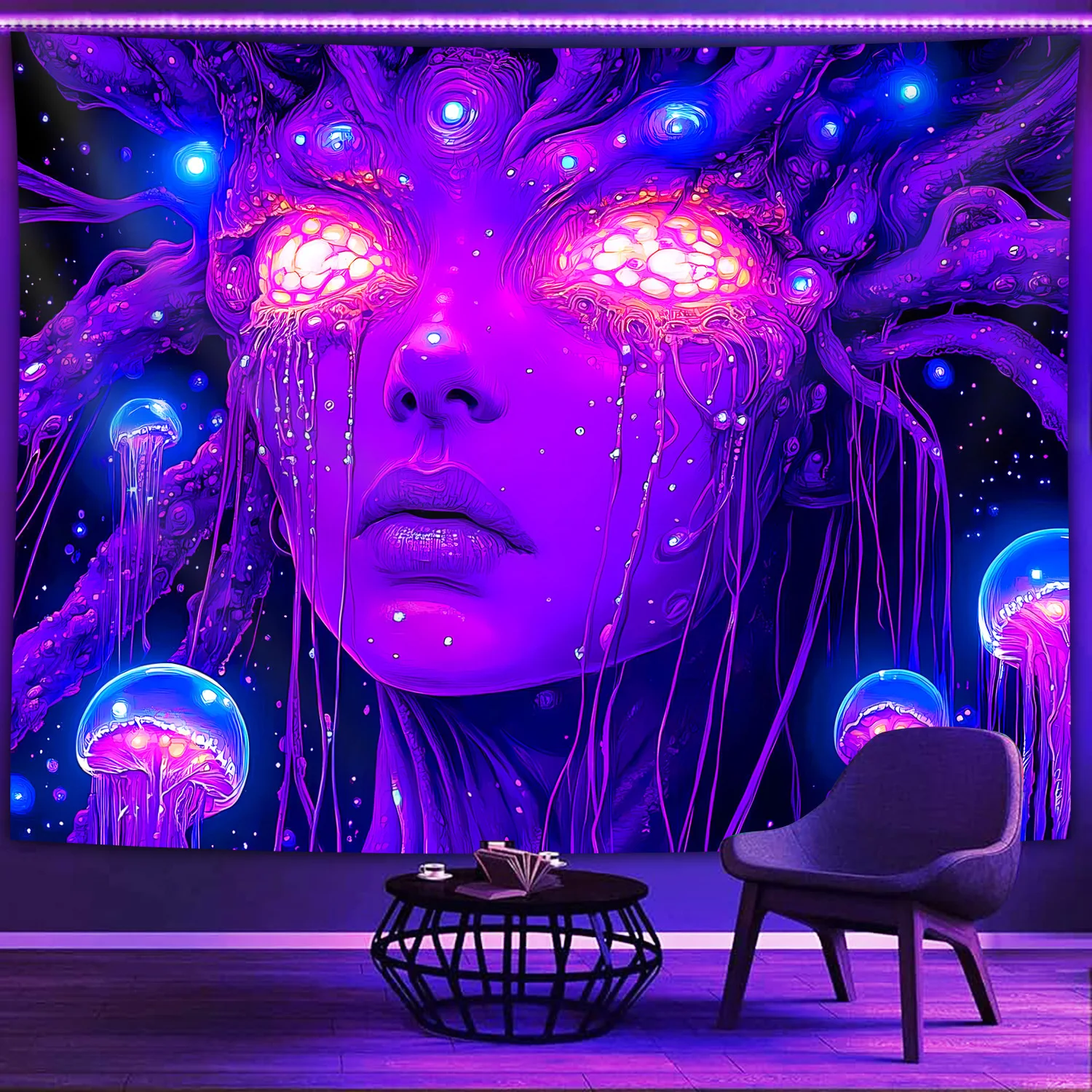 VIKAMA Psychedelic Jellyfish Goddess Tapestry Wall Hanging Home Decor for Bedroom Living Room Black Light Lamp Purple Tone