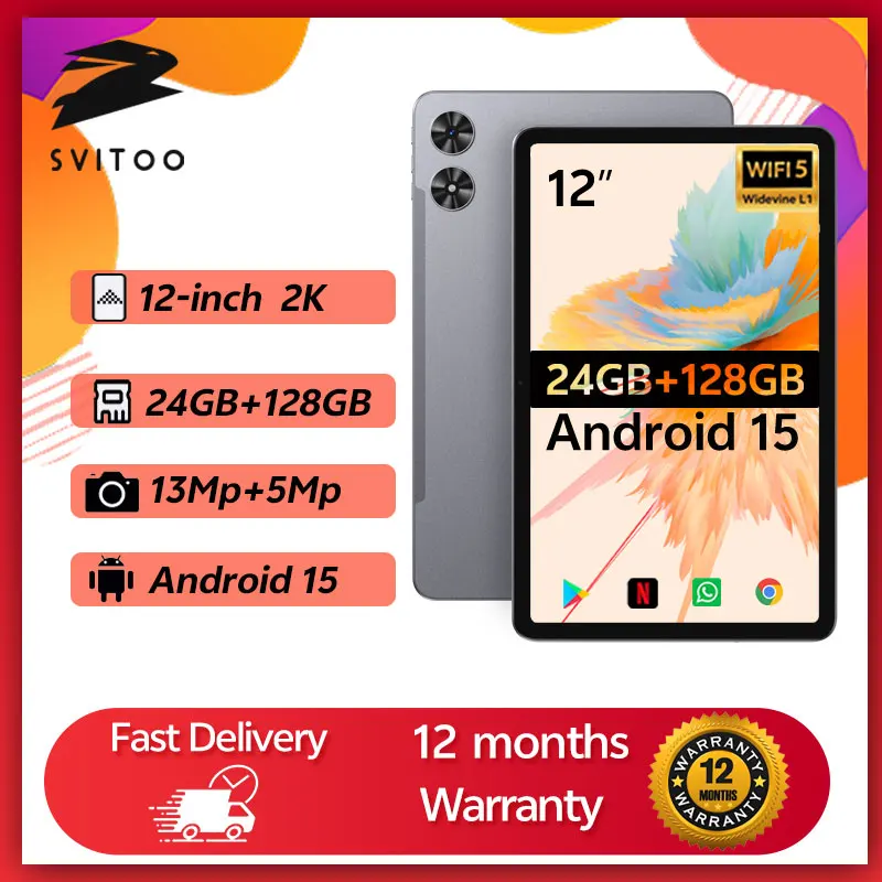 SVITOO أقراص 12 بوصة أندرويد 2025 24 جيجابايت رام 128 جيجابايت روم 2K عرض 18 واط شحن سريع 5MP + 13MP كاميرا 8000 مللي أمبير بطارية أندرويد اللوحي
