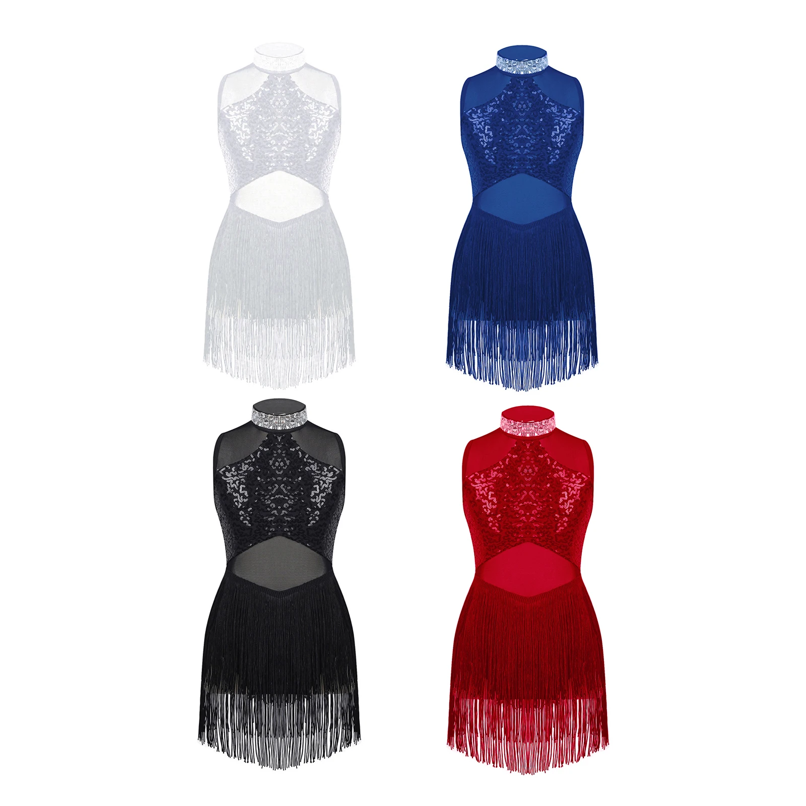 

Girls Rhinestone Sequin Latin Jazz Dance Dress Sheer Mesh Tassel Hem Skating Ballet Leotards Stage Performance Dancewear