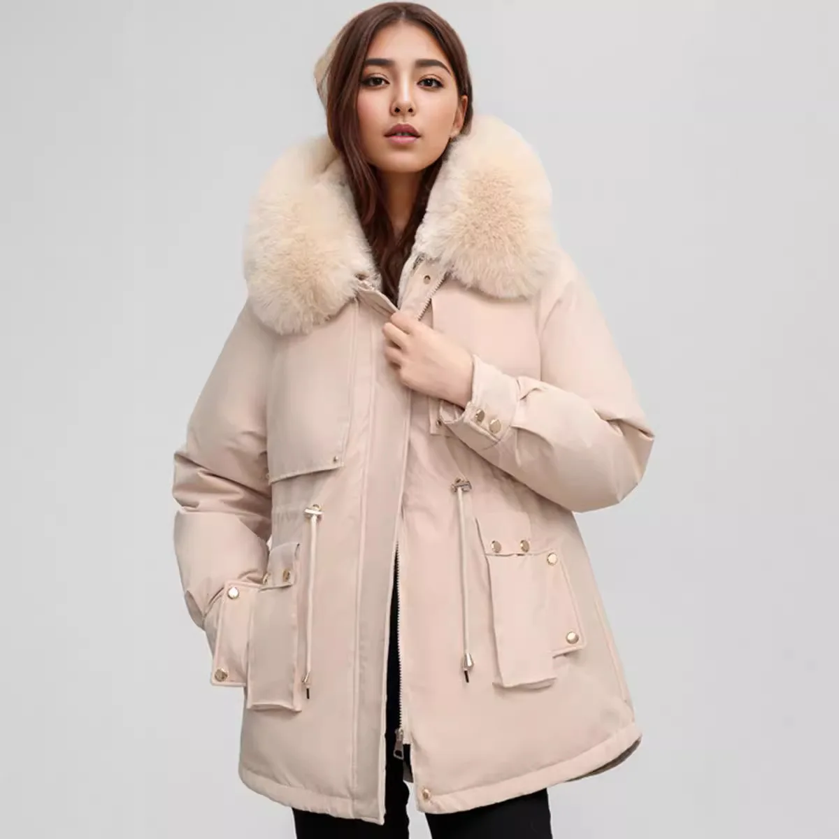 Women\'s Padded Jacket 2024 Winter Women\'s Cotton Jacket Fur Collar Thicken Warm Parkas Coats Female Pure Color Thicken Coats