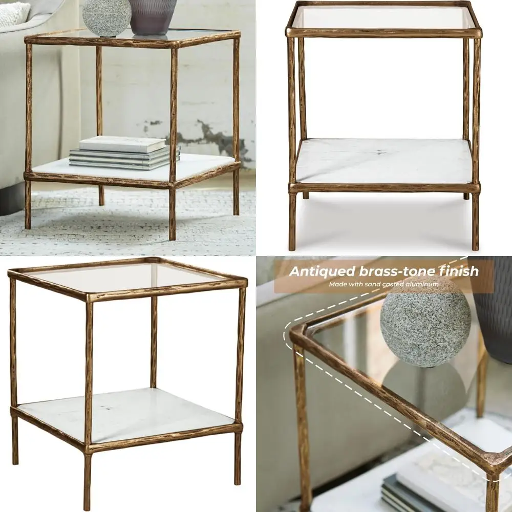 

Modern Glass Top Accent Table with Aluminum Frame and Marble Shelf in Antique Brass Finish