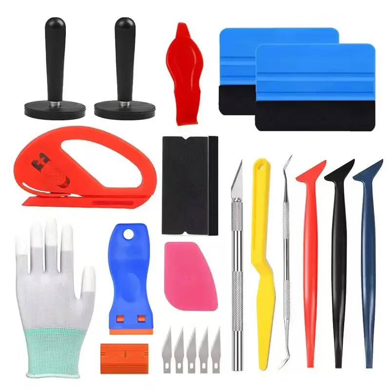 20 Piece Set of Automotive Film Application Tools, Plastic Scraper, Felt Scraper, Carving Knife and Blade, Gloves