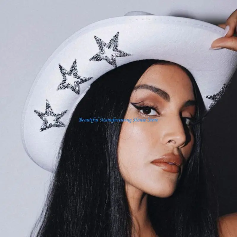 

E56A Cowboy Hat with Sequins Glittering Cowgirl Hat Hollowed Stars Decorations