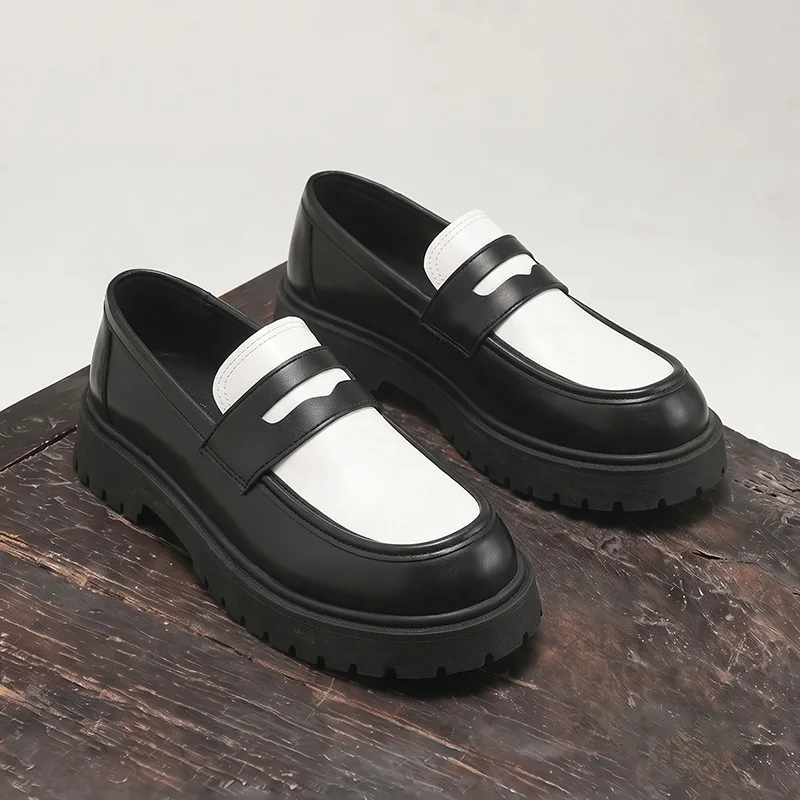 Men Casual Penny Loafers Glossy Finish Chunky Lug Sole Slip On Dress Shoes Retro Streetwear Daily Commute Footwear