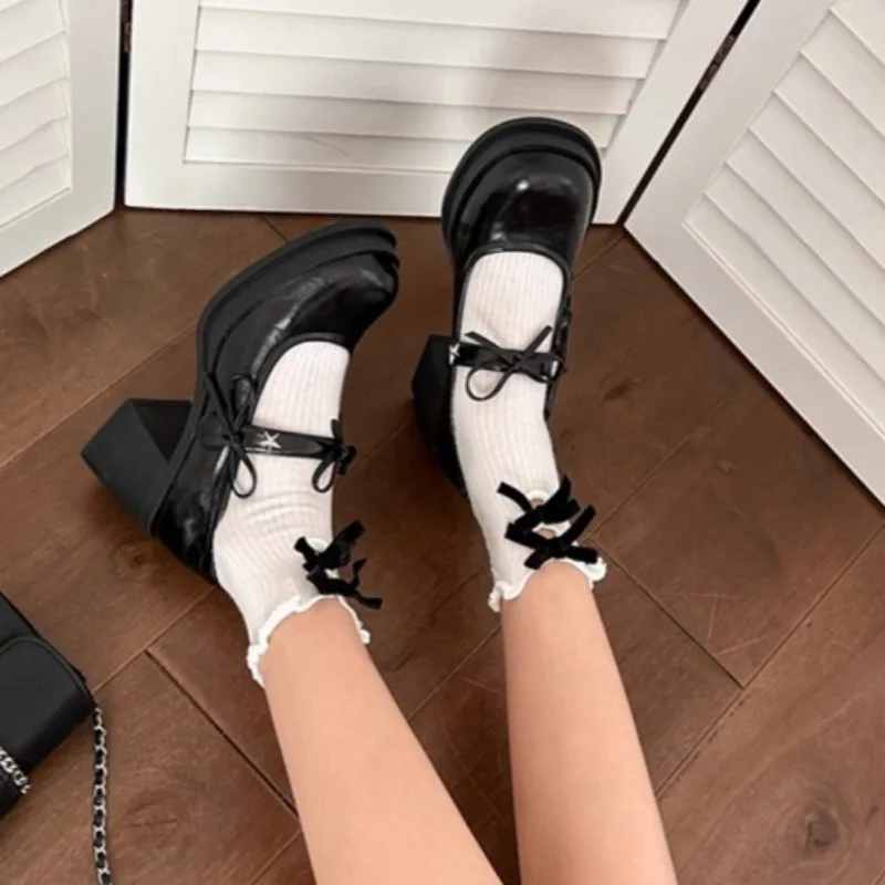 Mary Jane Single Shoes Autumn New Round Toe Shallow Bow One Strap Platform Non-Slip Heels view 5