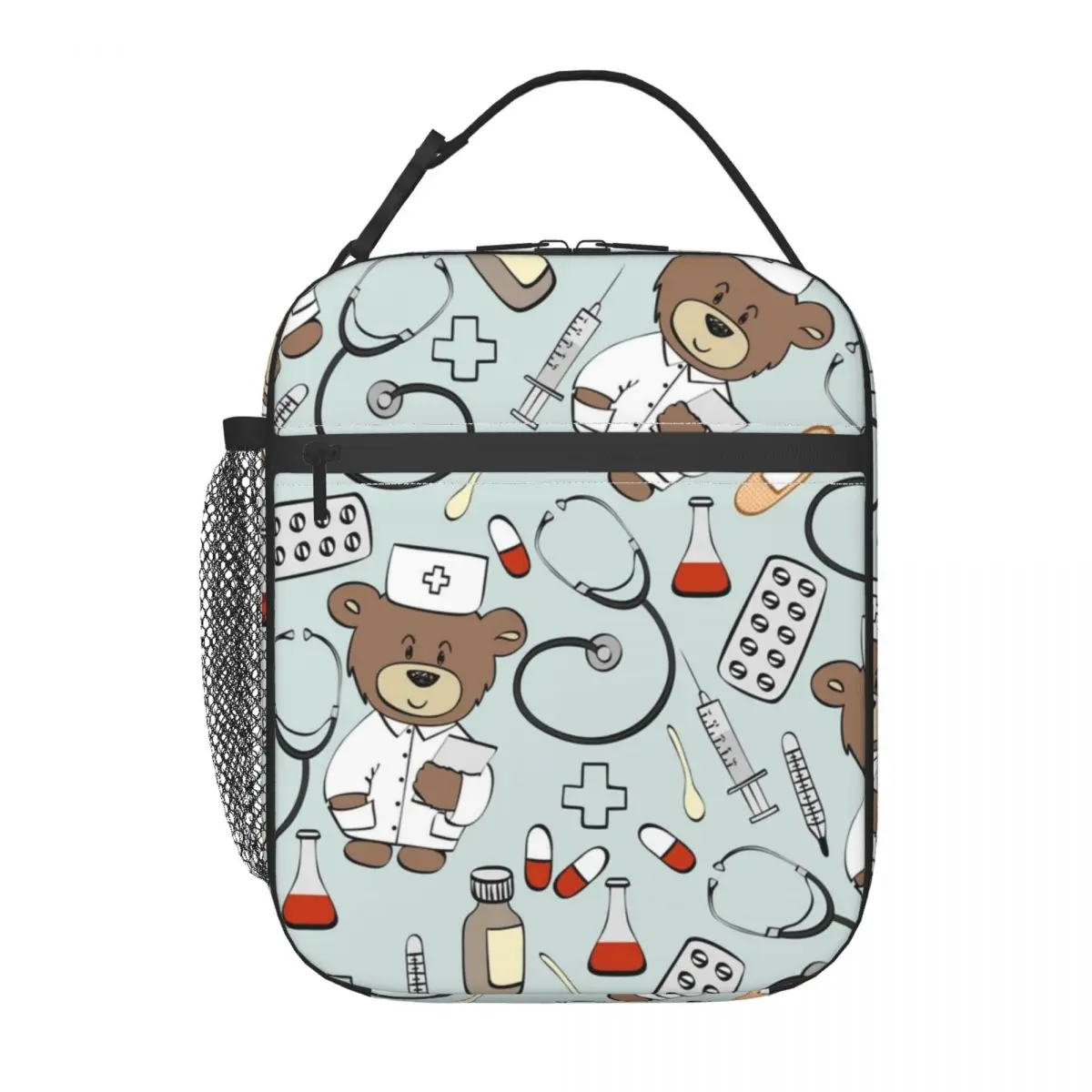 Nurse Pattern With Bear Insulated Lunch Bags for Women Health Care Nursing Portable Thermal Cooler Bento Box Work School Travel