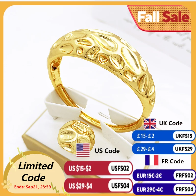 

Women Bracelet Gold Plated Dubai Cuff Bangle With Ring African Nigeria Luxury Jewelry Quality 18K Gold Plated Free Shipping