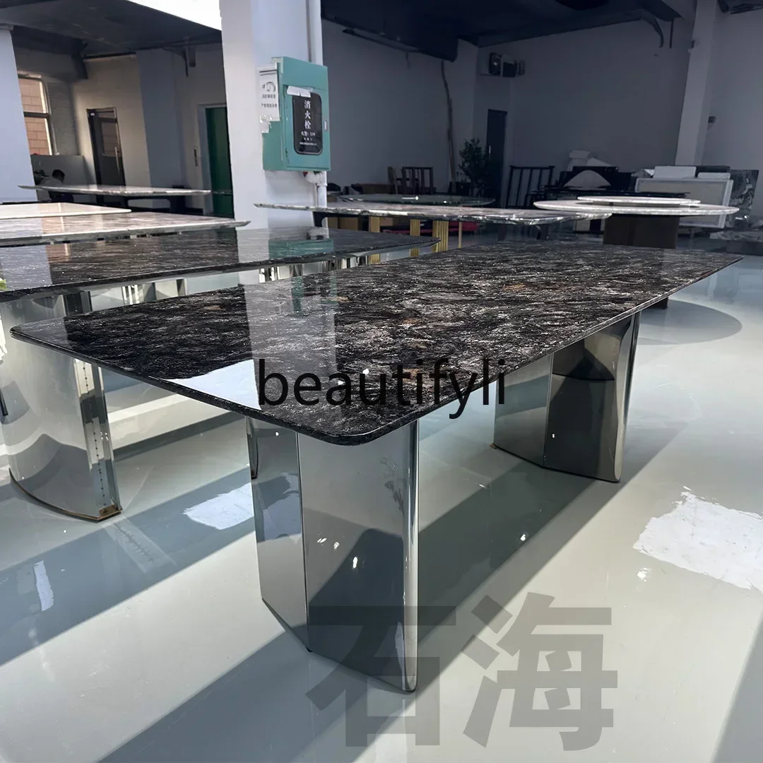 

Natural marble luxury stone platinum diamond rectangular dining table high-end Italian light luxury dining tableQQQ