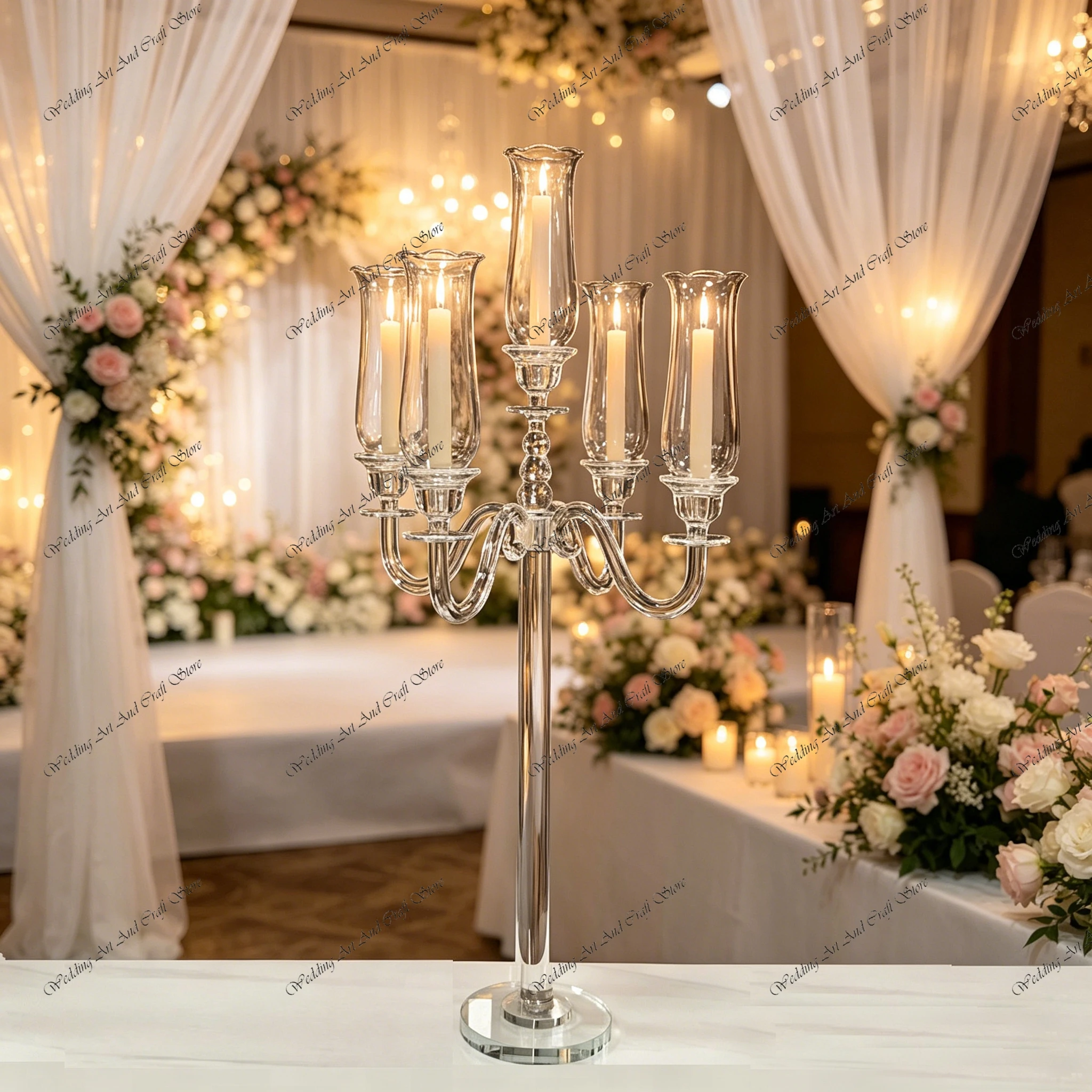 4pcs f30 5 Head 95cm Glass Crystal Candle Holder Candelabra Party Wedding Decoration Clear Glass Candle Holder Stand ivy1029