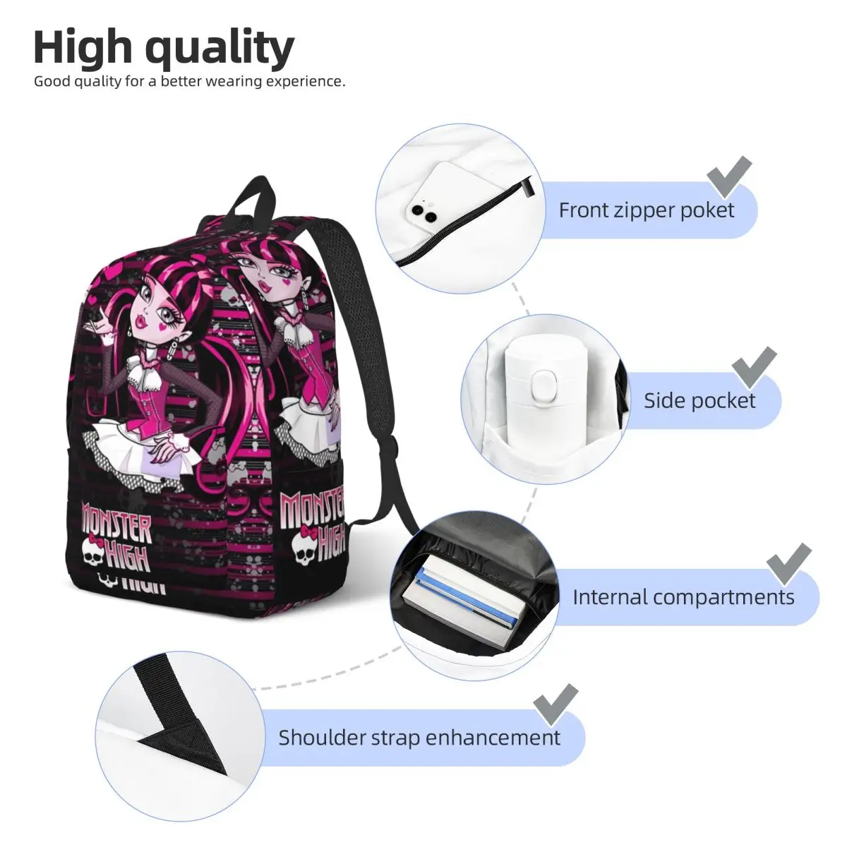 Monster High Anime Draculaura Fashion Backpack Durable Student Work Cartoon Funny Daypack for Men Women Laptop Shoulder Bag